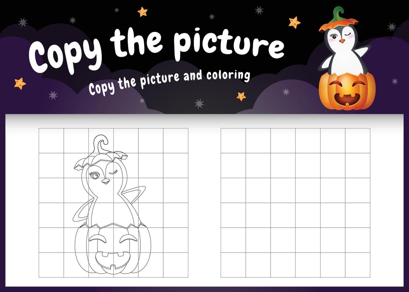 Copie la imagen del juego para niños y la página para colorear con un lindo pingüino vector