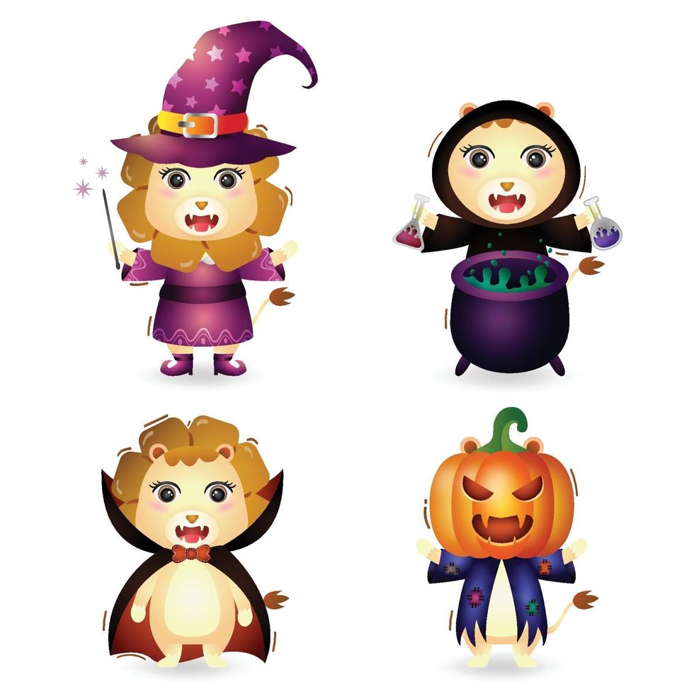 cute lions with costume halloween character collection vector