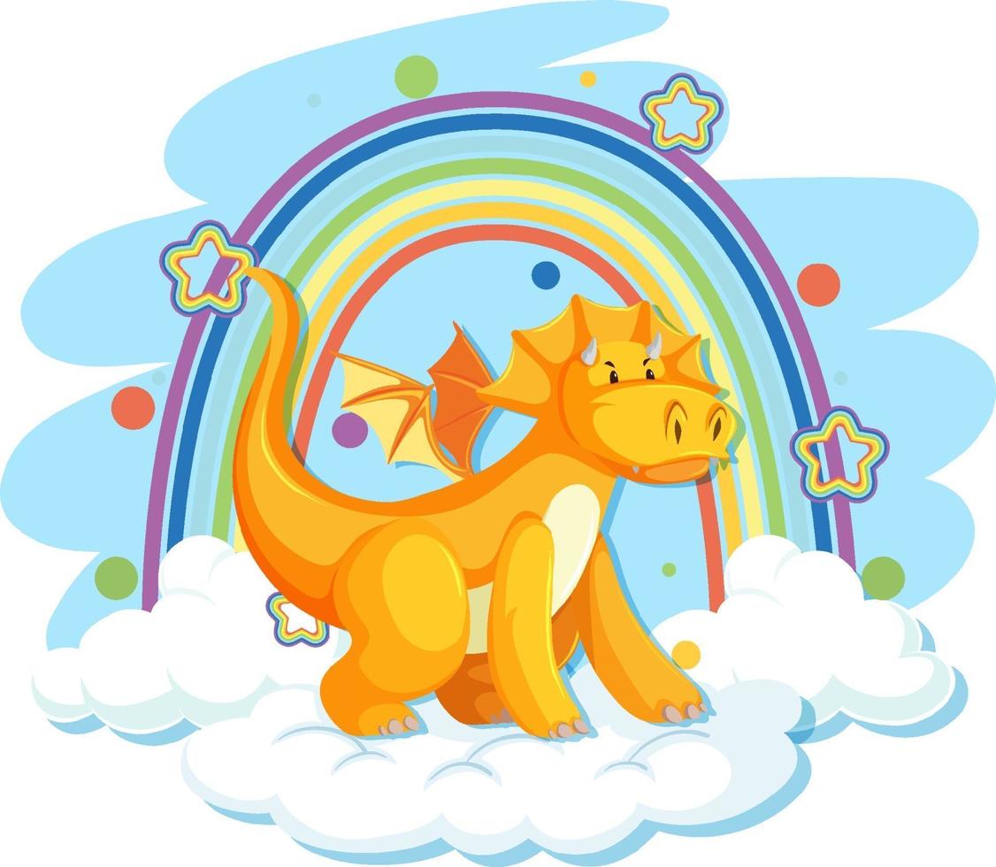 Cute yellow dragon on the cloud with rainbow vector