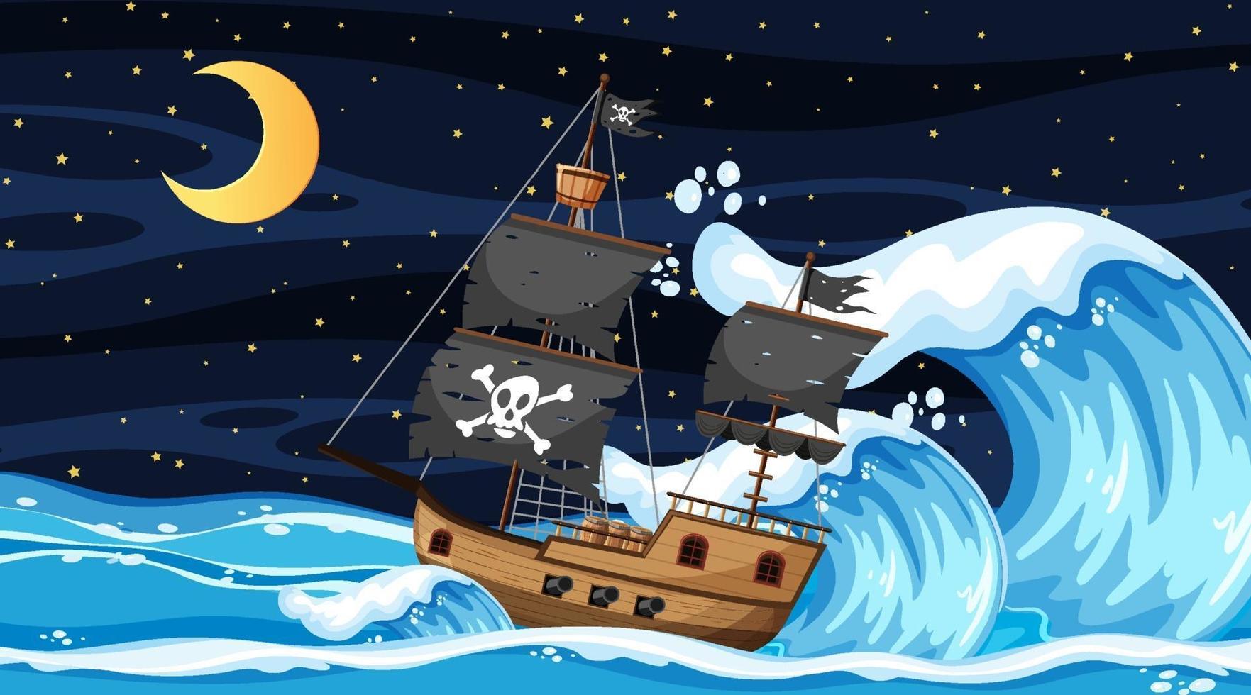 océano con barco pirata en la escena nocturna en estilo de dibujos animados vector