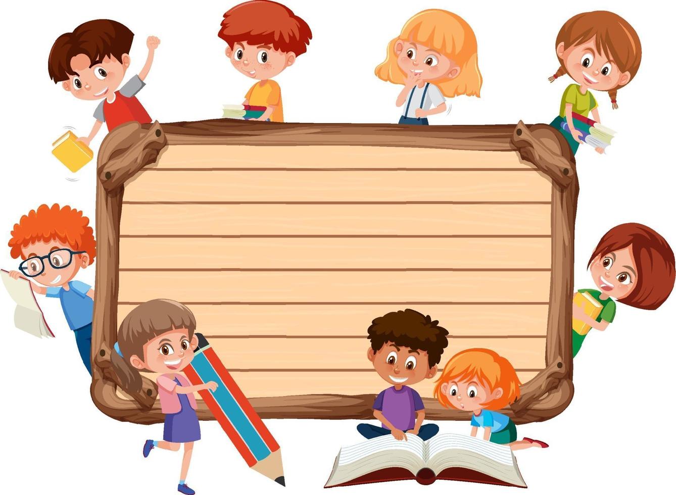 Empty wooden board with many school kids cartoon character vector