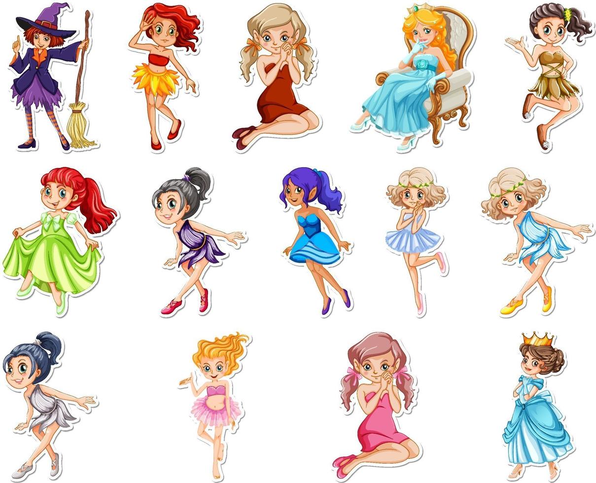 Set of stickers with beautiful fairies and mermaid cartoon character vector