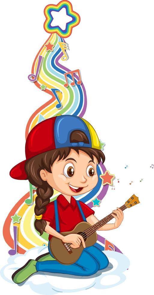 niña tocando la guitarra con símbolos de melodía en la onda del arco iris vector