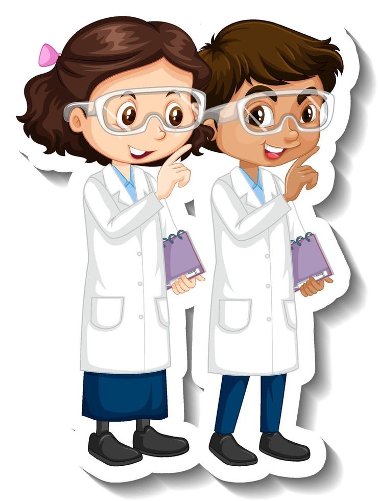 Cartoon character sticker with couple scientists in science gown vector