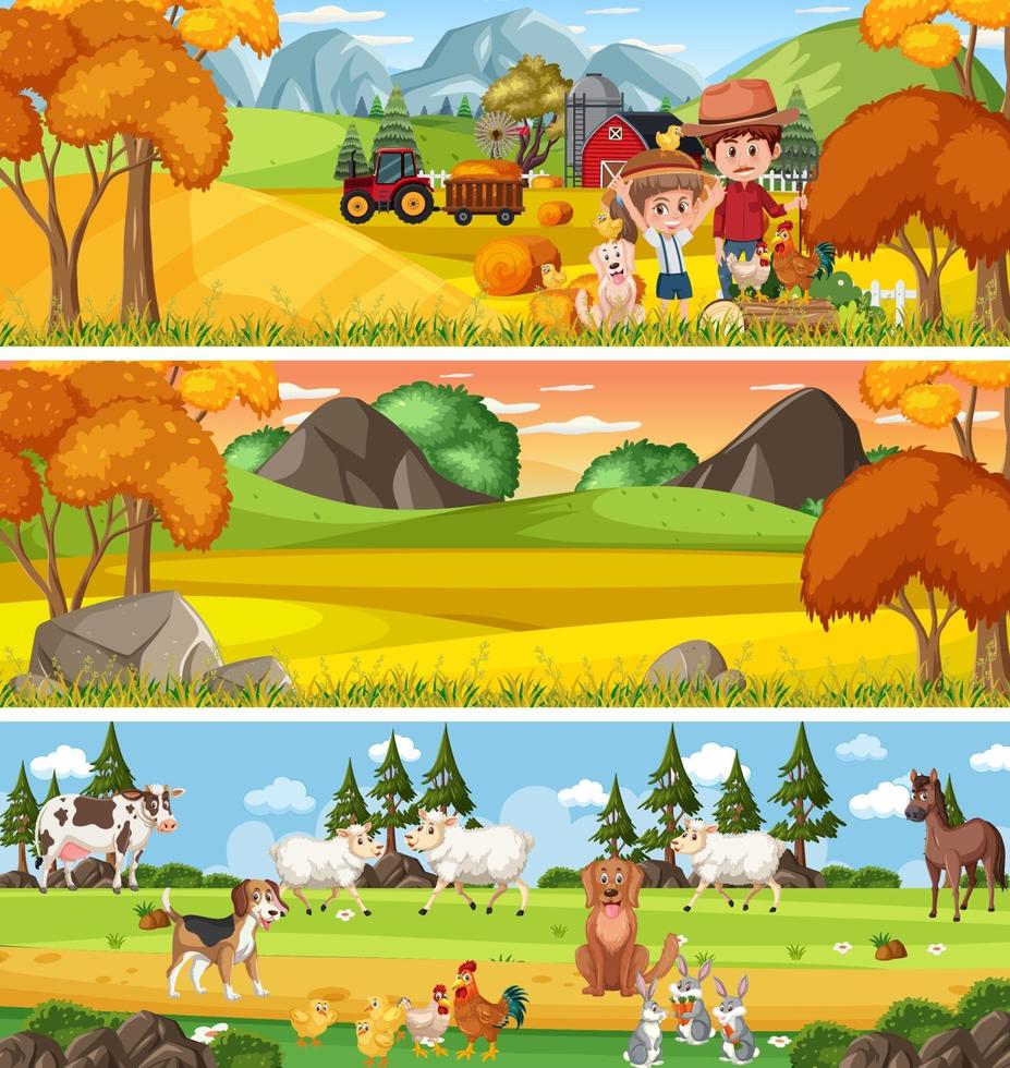 paisaje de naturaleza diferente en la escena diurna con personaje de dibujos animados vector