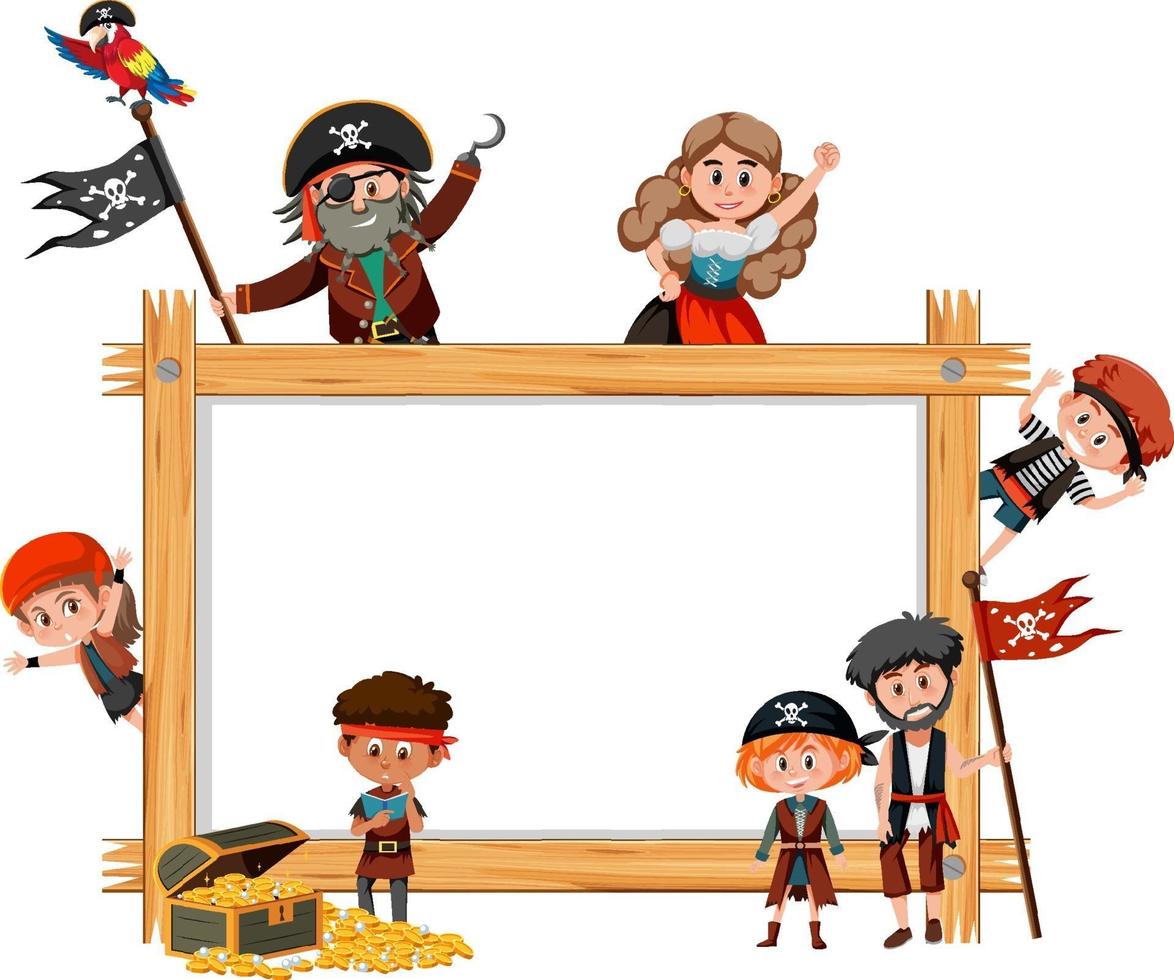 Empty wooden frame with many pirate kids cartoon character vector