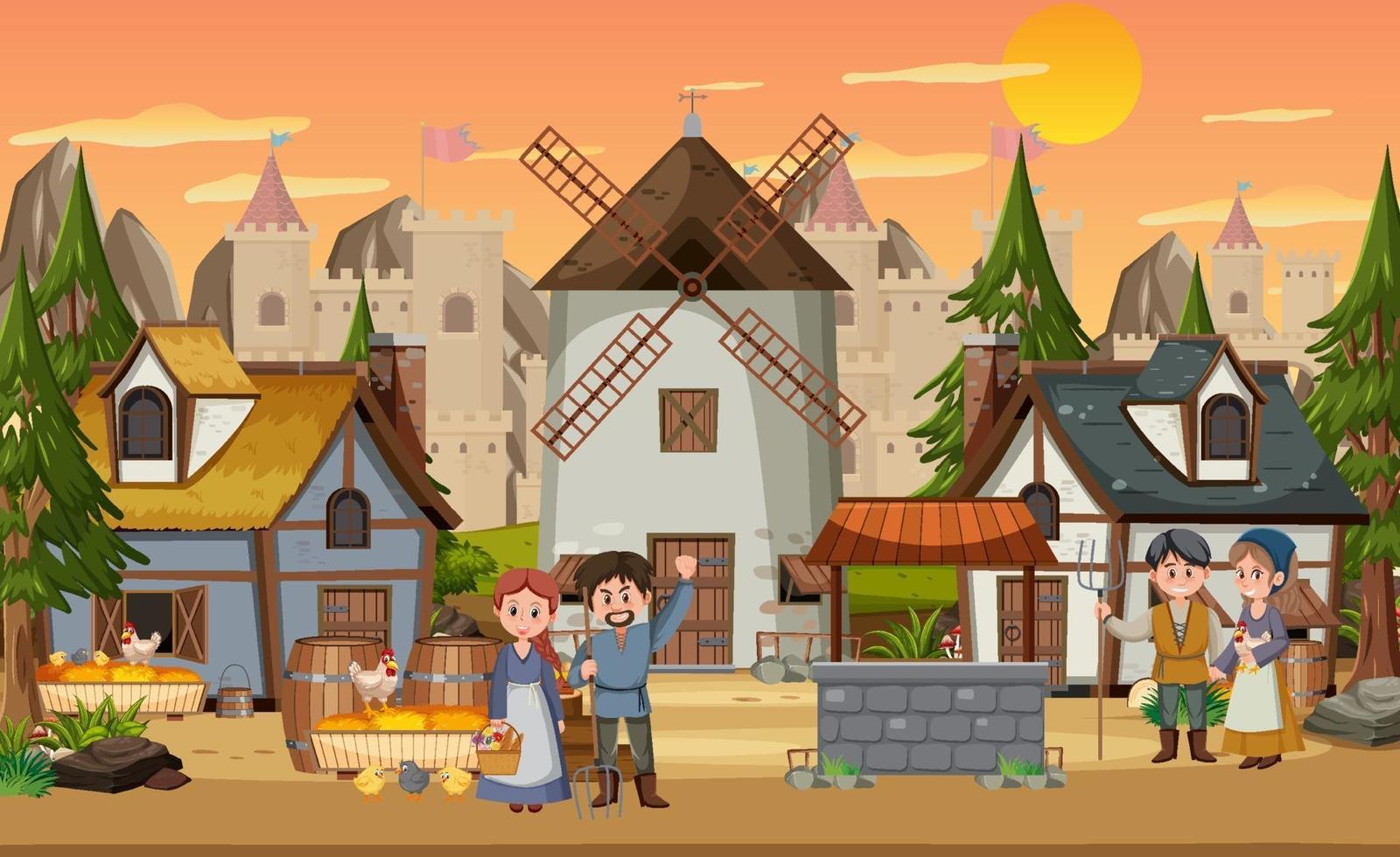 Medieval town at sunset time scene with villagers vector