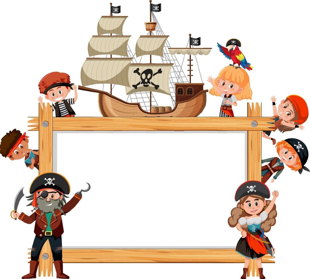 Empty wooden frame with many pirate kids cartoon character vector