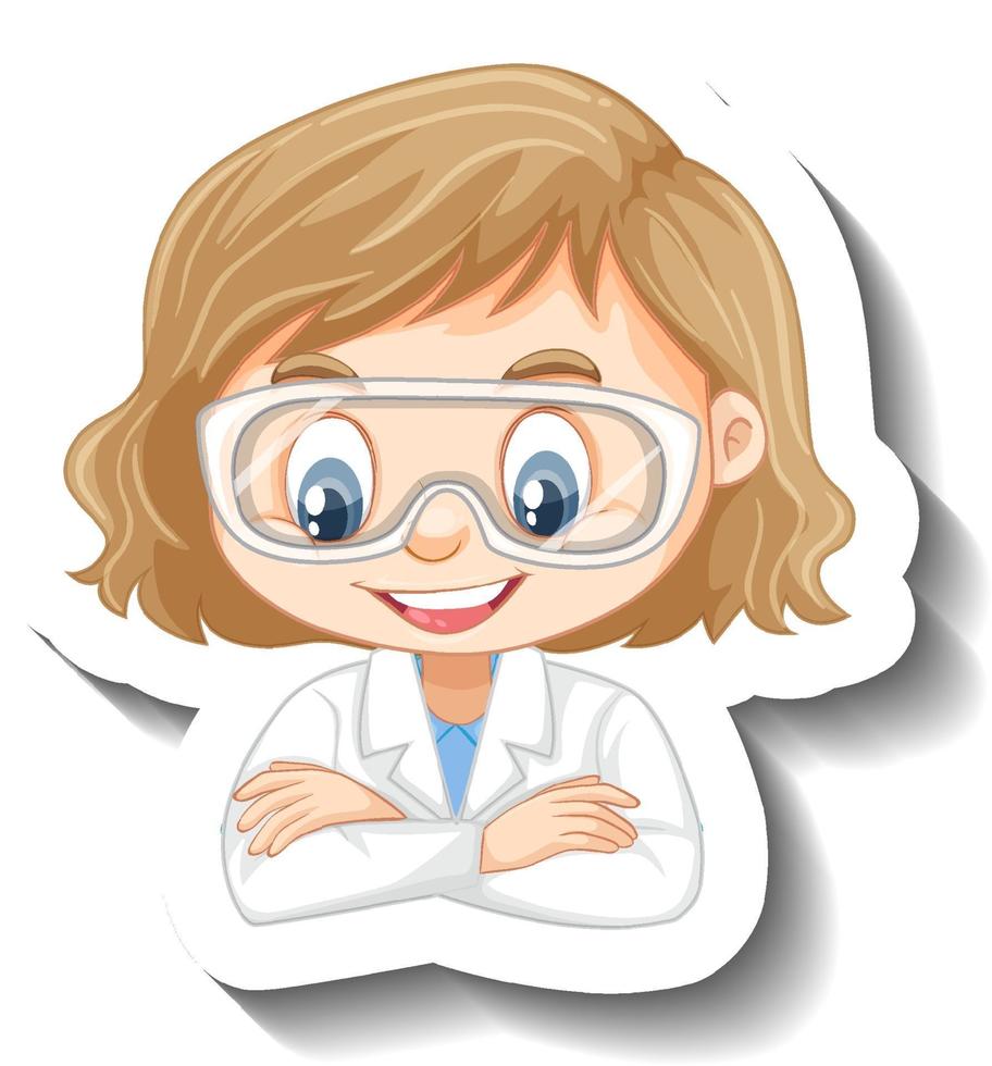 retrato de una niña en bata de ciencia pegatina de personaje de dibujos animados vector