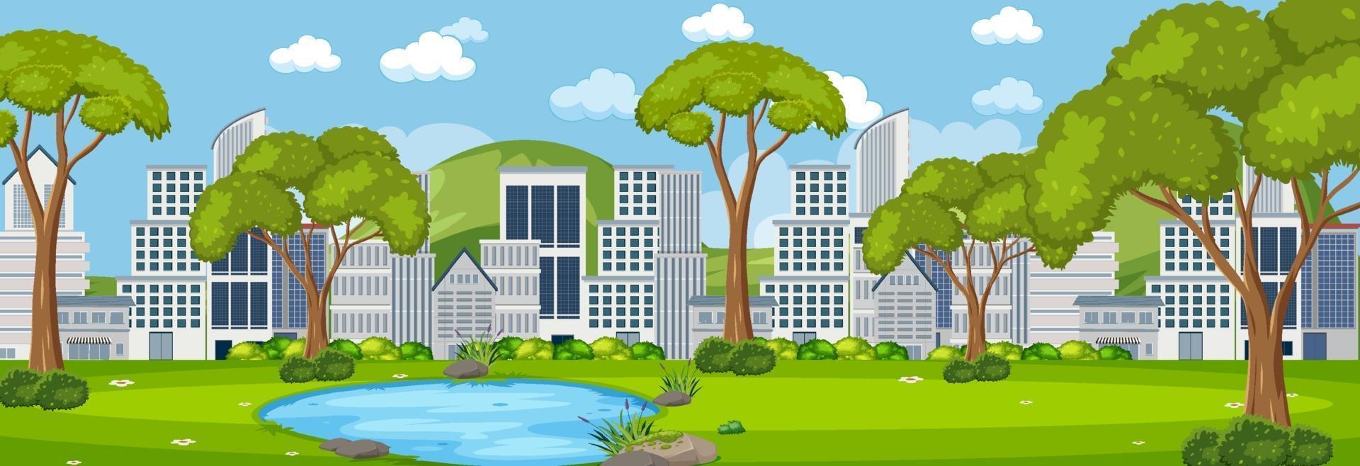 Park horizontal scene with cityscape background at day time vector