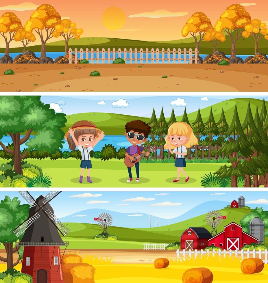 Different panoramic nature landscape set with cartoon character vector