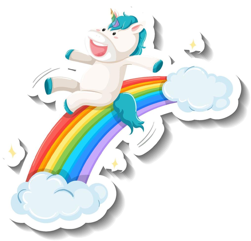 linda diapositiva de unicornio en la etiqueta engomada de la historieta del arco iris vector