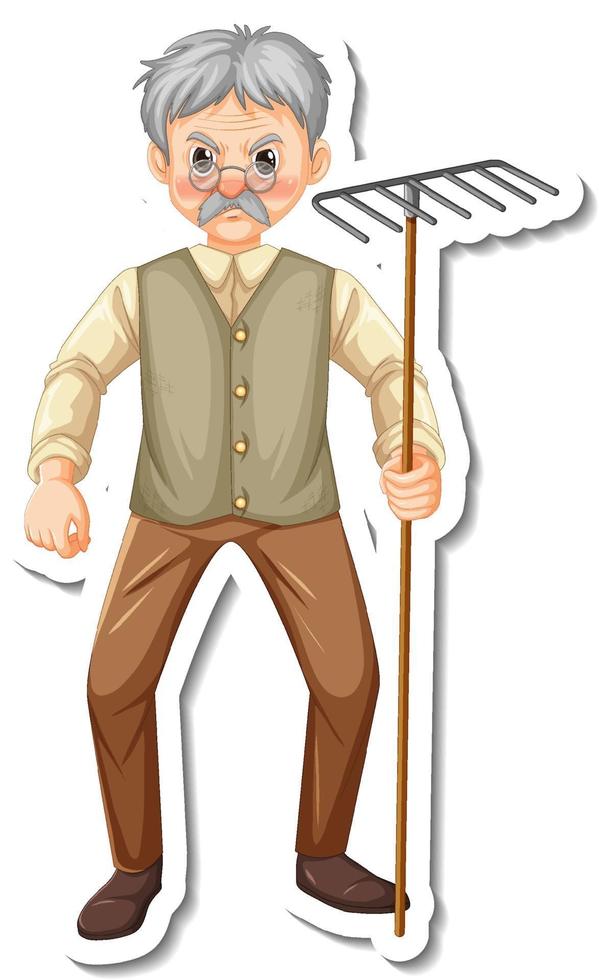 A gardener old man holds rake gardening tool vector