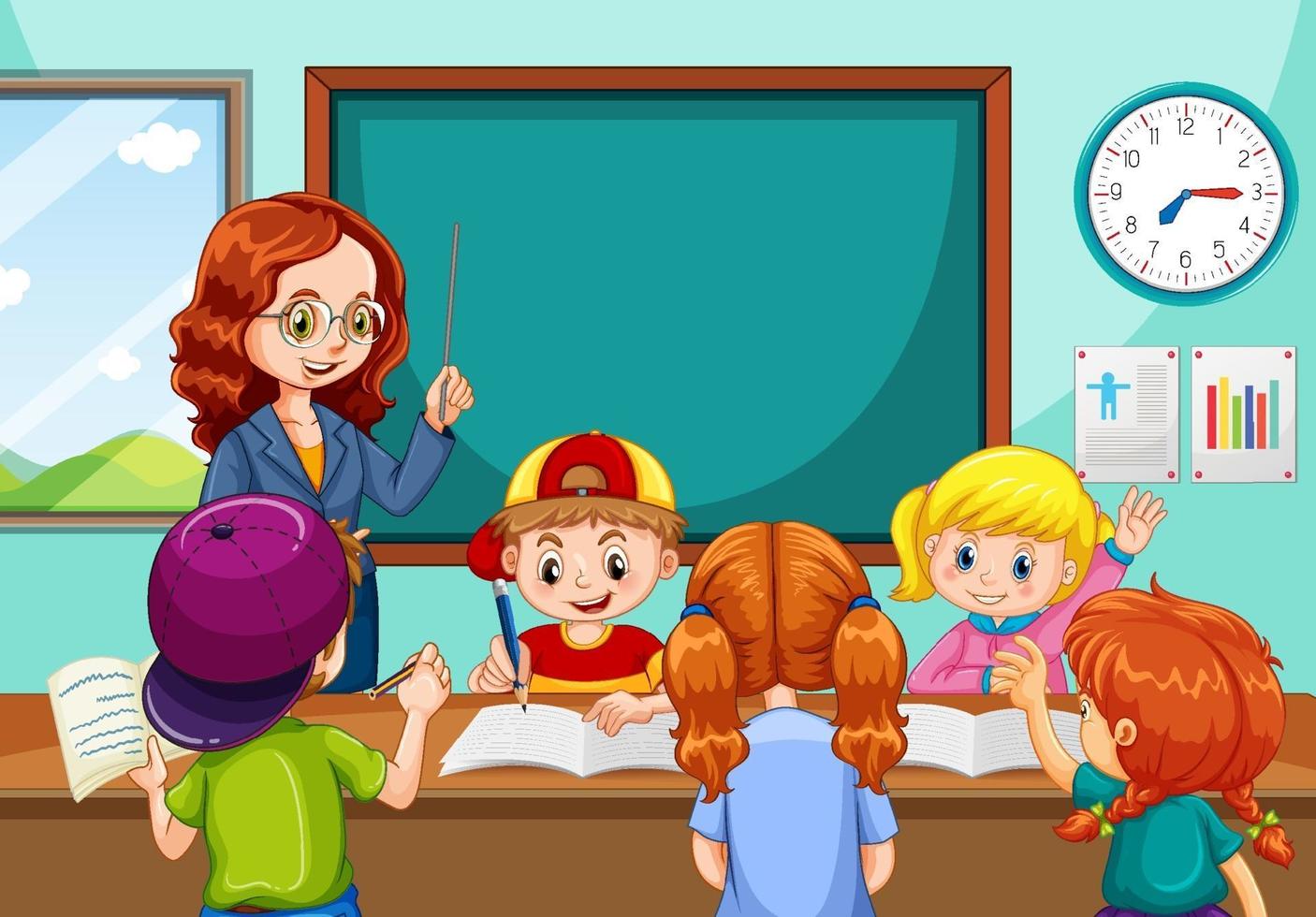 Teacher teaching students in the classroom scene vector