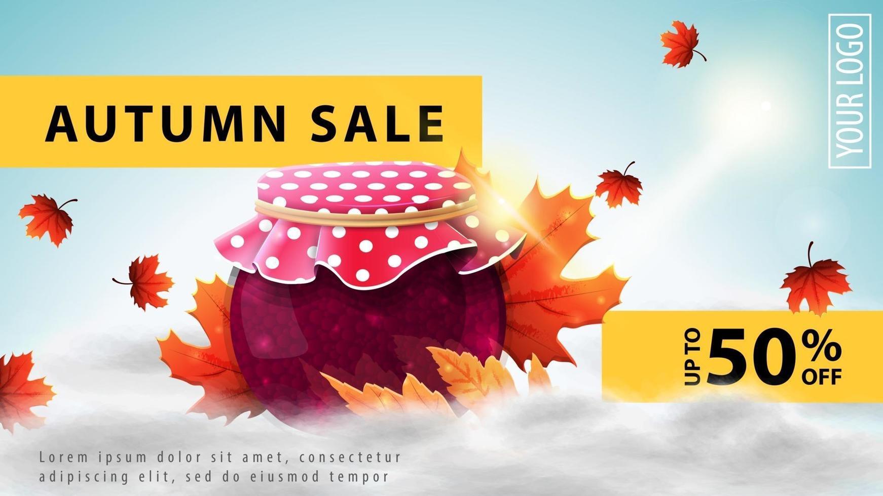 Autumn sale, light discount web banner with jar of jam vector