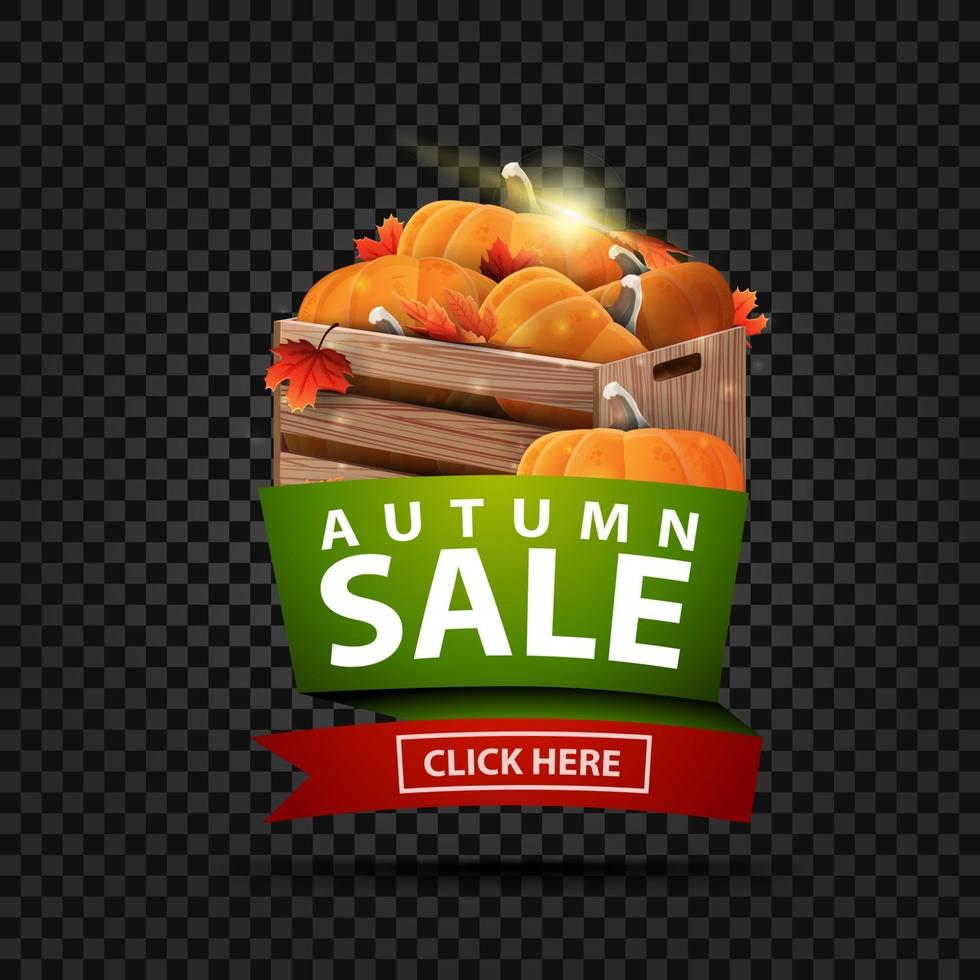 Venta de otoño, banner web de descuento con cajas de madera de calabazas maduras. vector