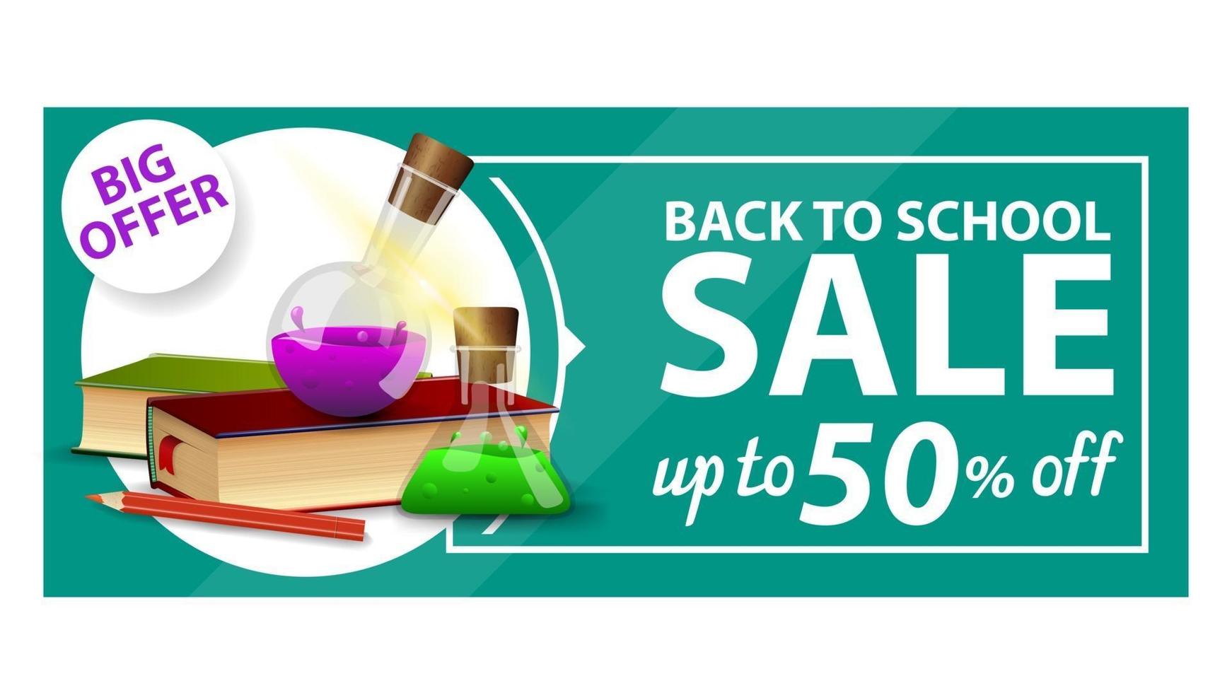 Back to school, discount web banner with books and chemical flasks vector