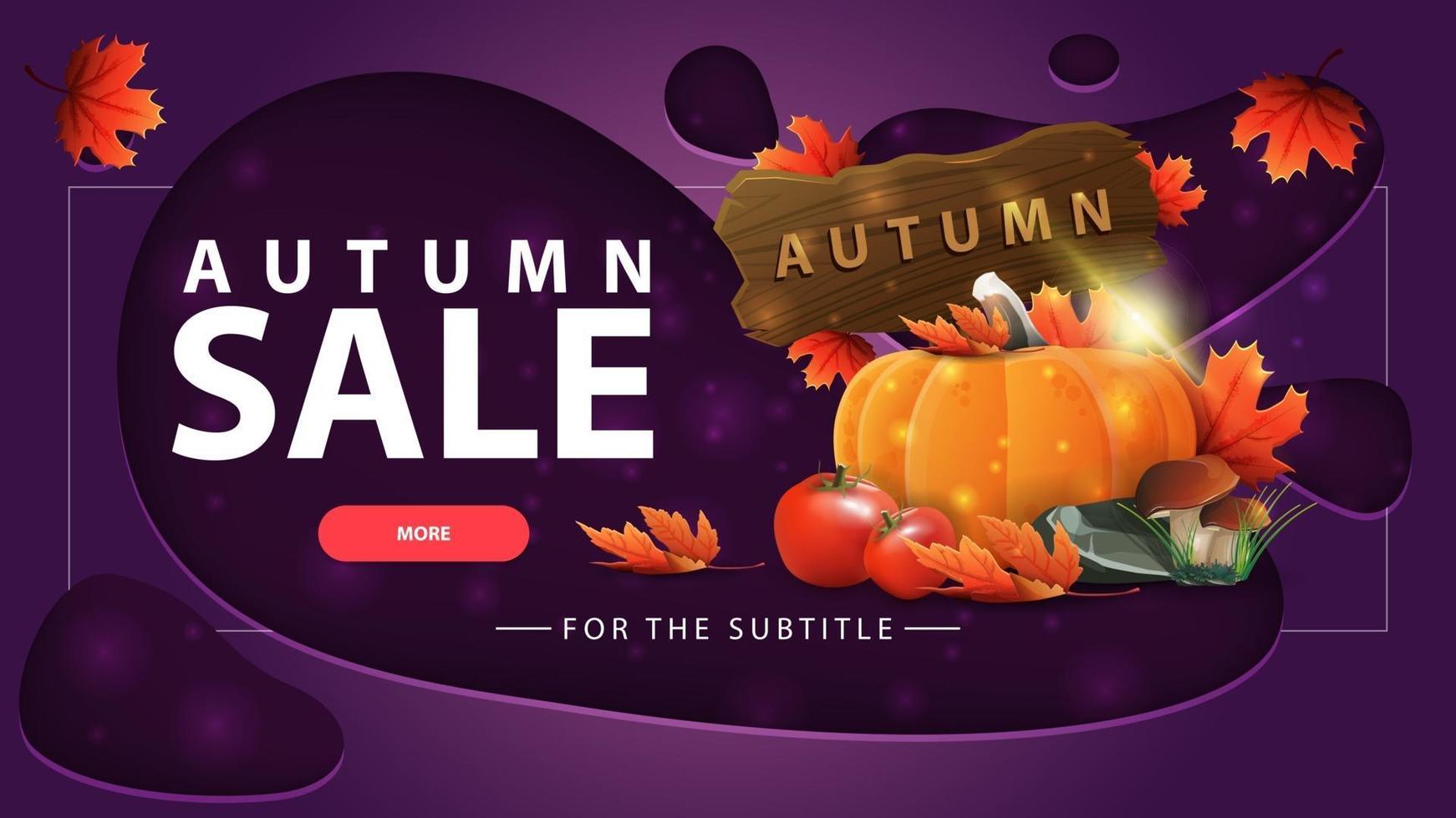 Autumn discount banner with harvest of vegetables and a wooden sign vector