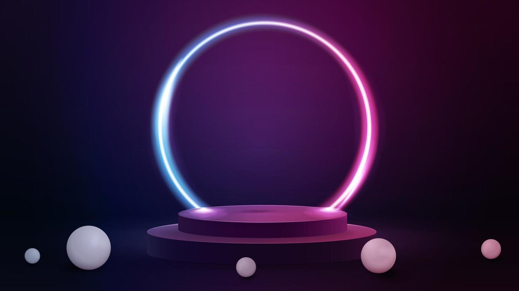 Pink and blue scene with large gradient neon ring around podium. vector