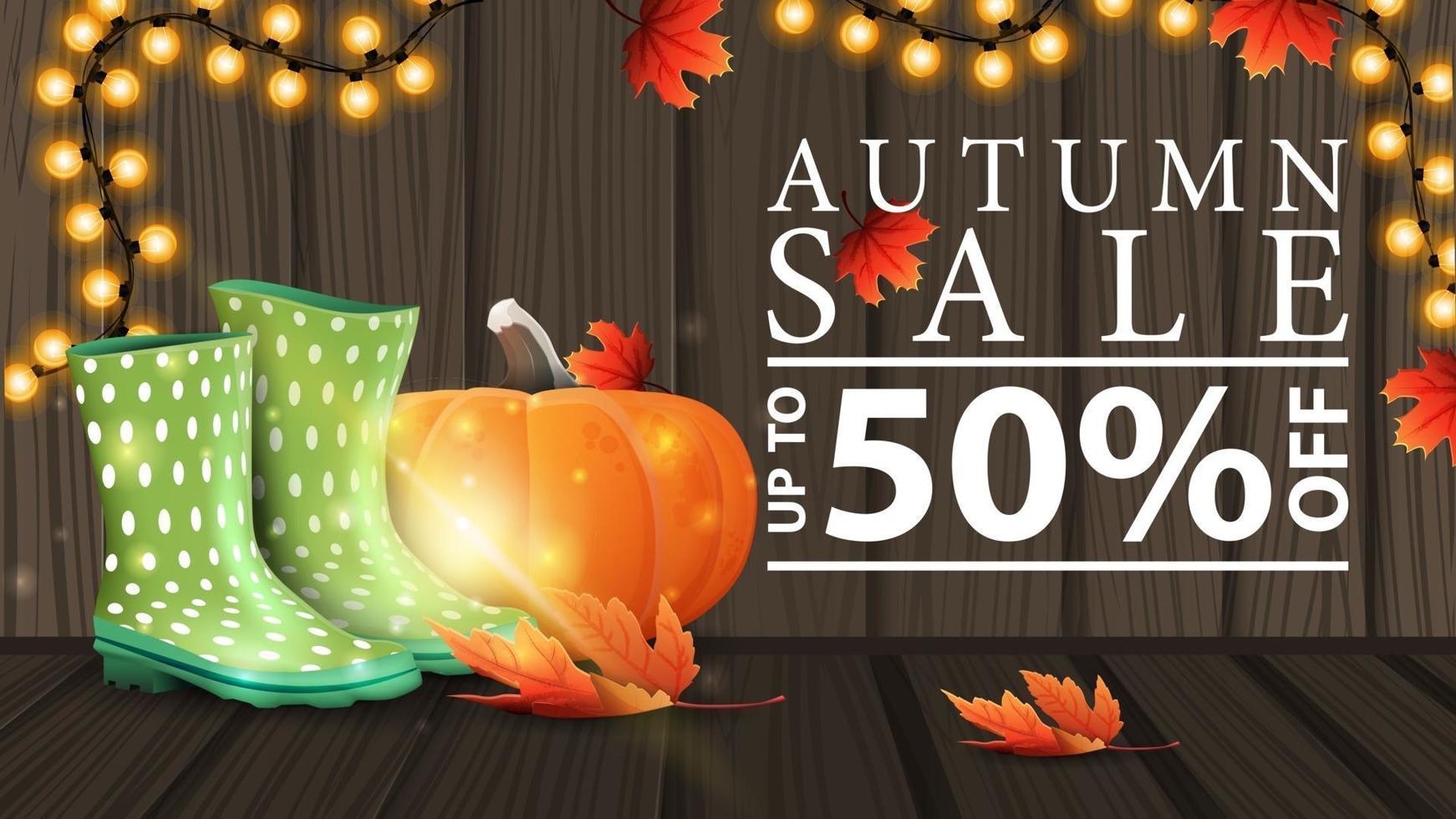 Autumn sale, discount web banner with wooden texture and garland vector