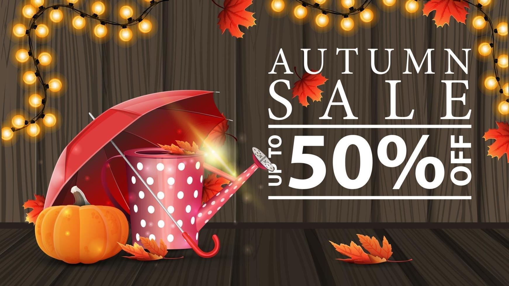 Venta de otoño, banner web de descuento con textura de madera. vector