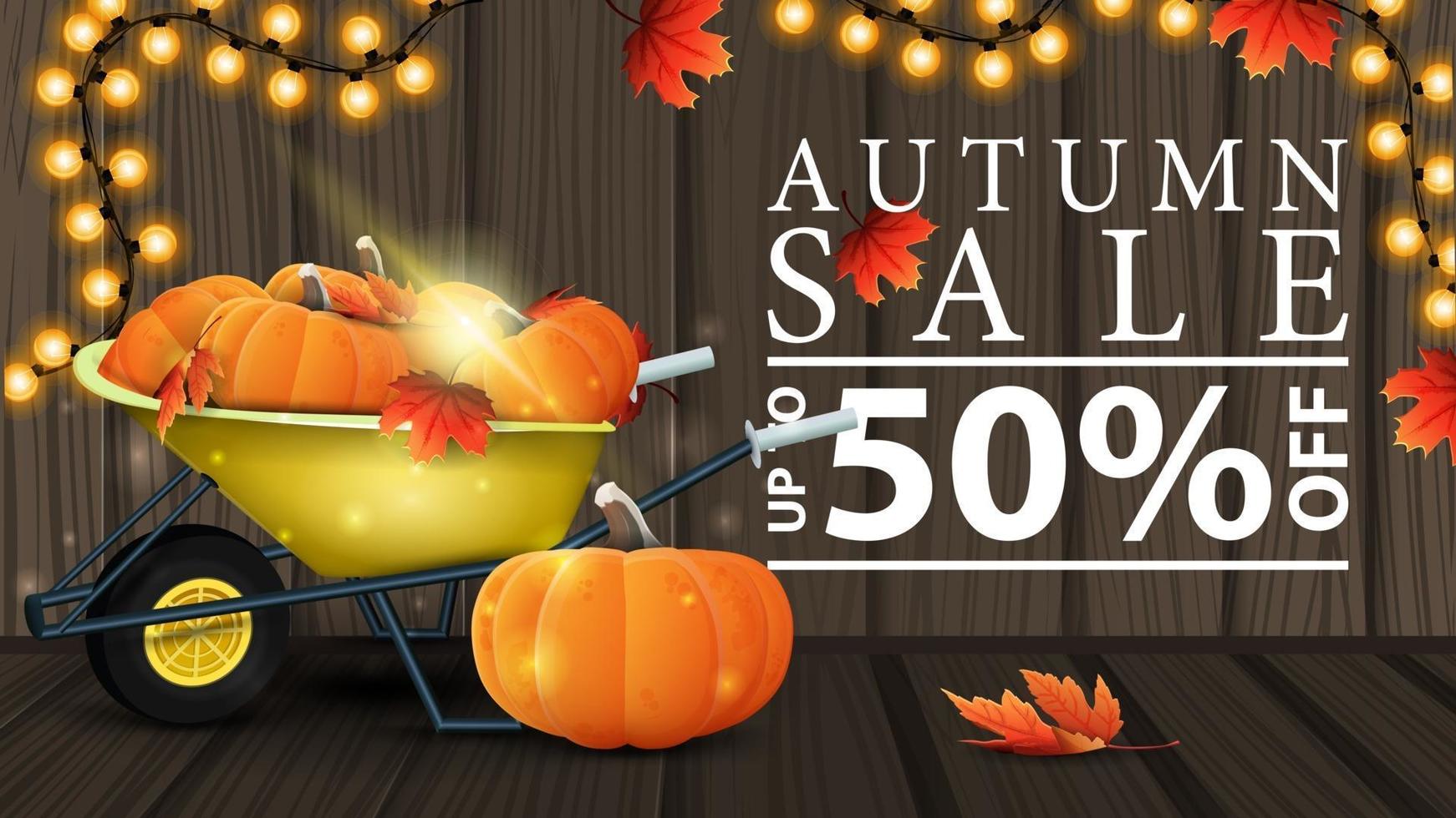 Autumn sale, discount web banner with wooden texture and garland vector