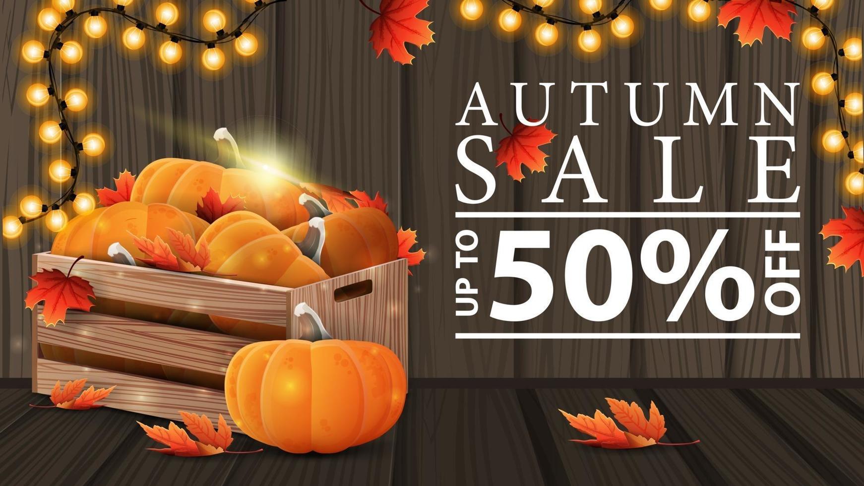 Autumn sale, discount web banner with wooden texture vector