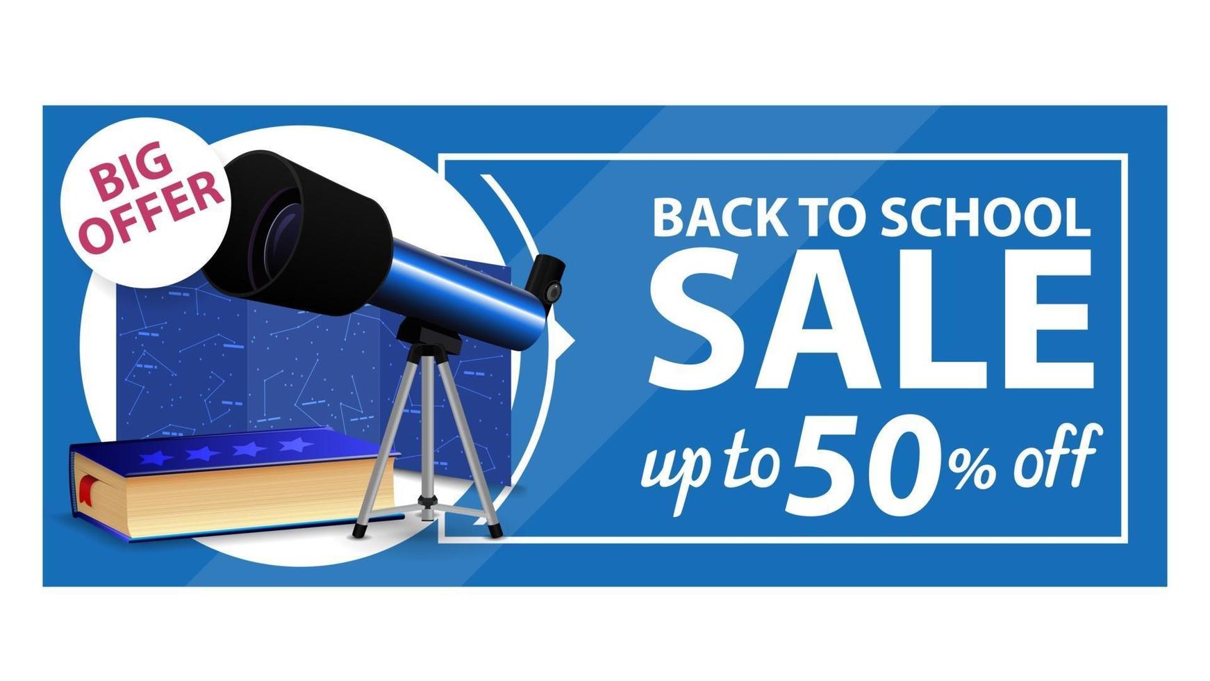 Back to school, discount web banner with telescope vector