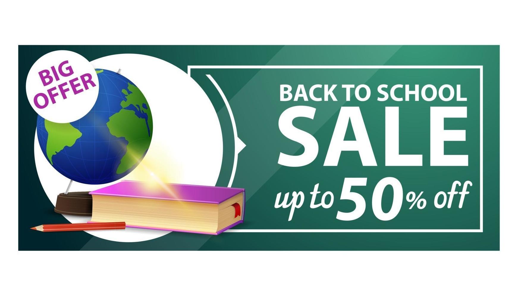 Back to school, discount web banner with globe and school textbooks vector