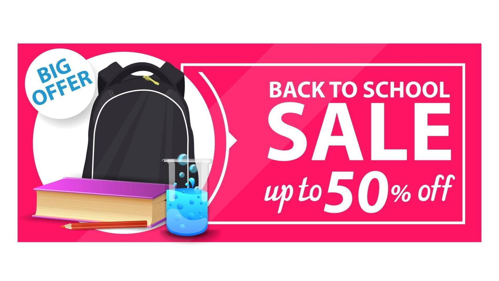 Back to school, discount web banner with school backpack, vector