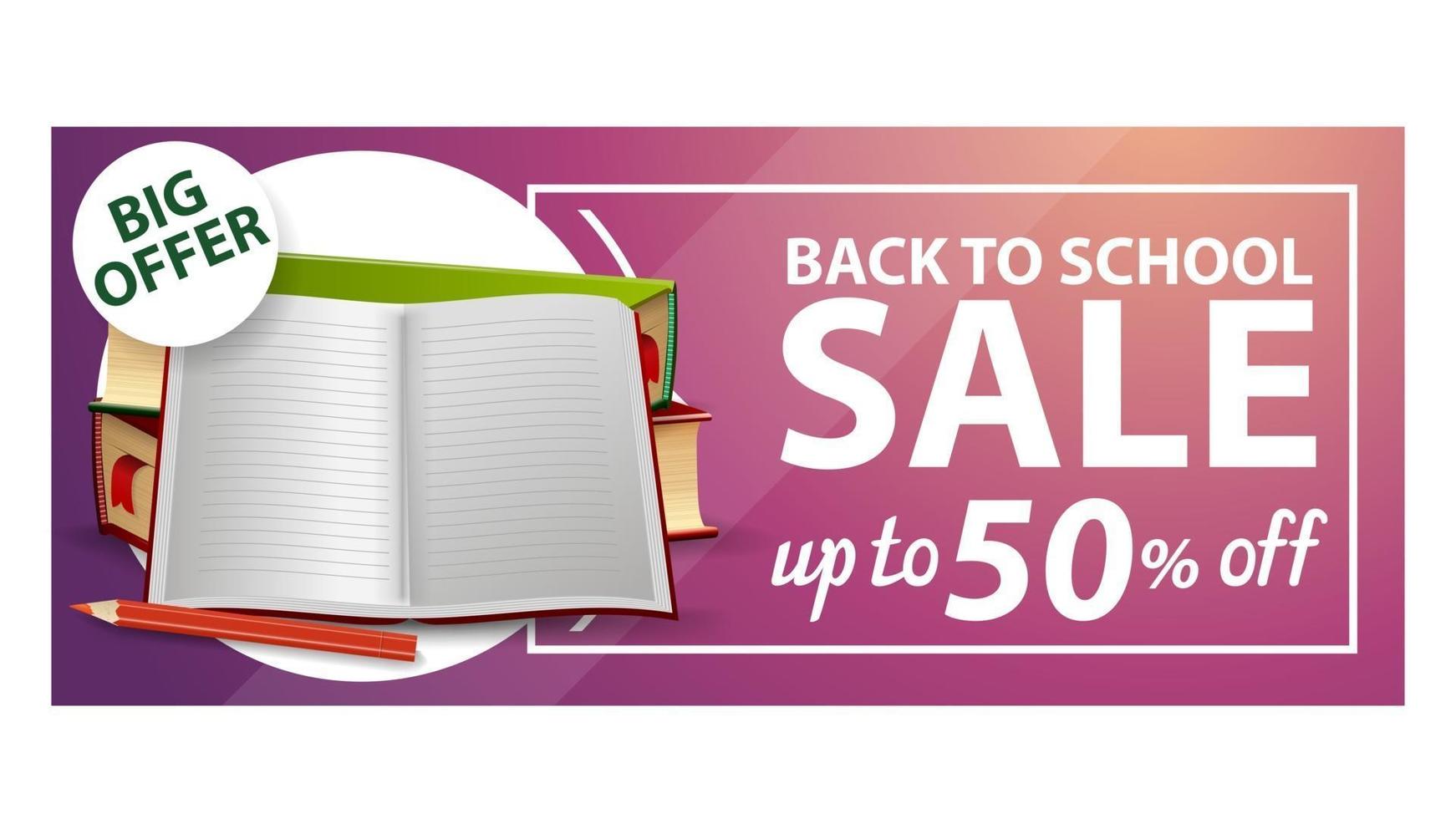 Back to school, discount web banner with school textbooks and notebook vector