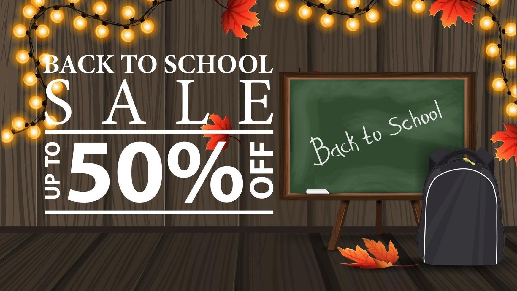 Back to school sale, discount web banner with wooden texture vector