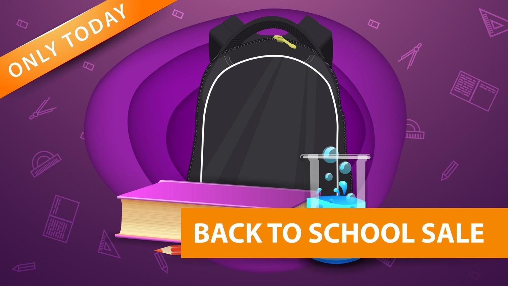 Back to school sale, modern purple discount banner in paper cut vector