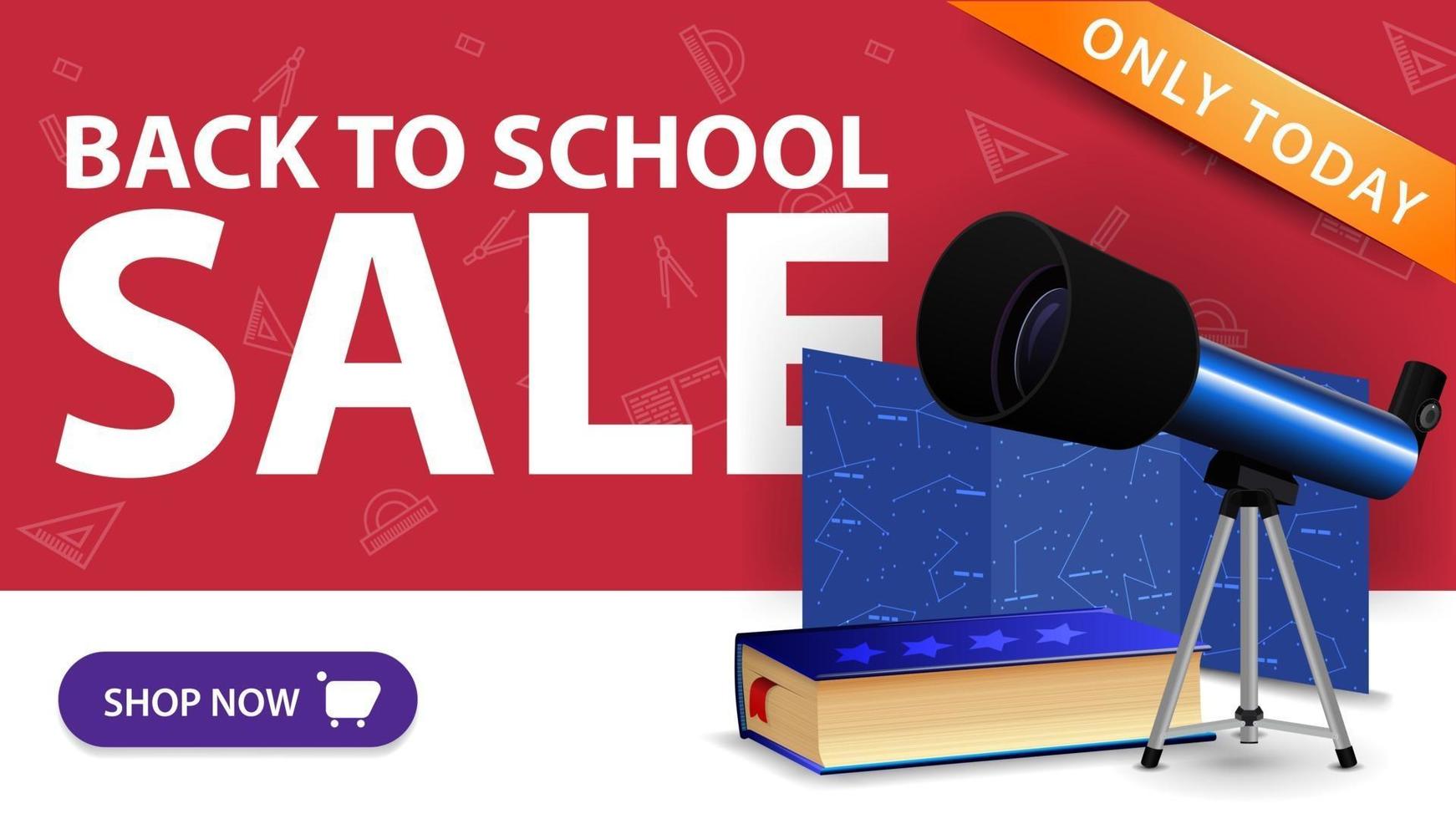 Back to school sale, modern discount banner with button, telescope vector