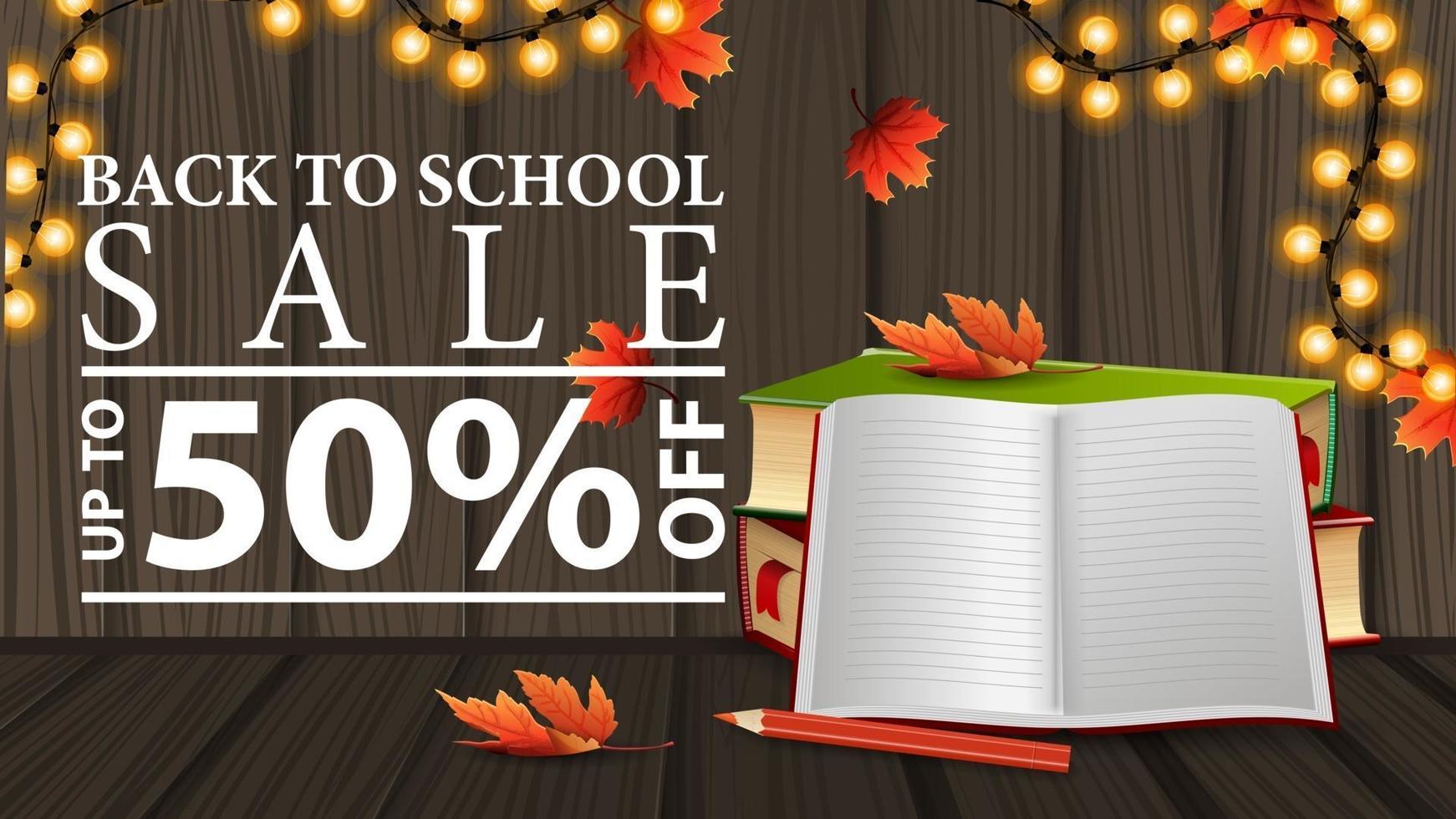 Back to school sale, discount web banner with wooden texture vector