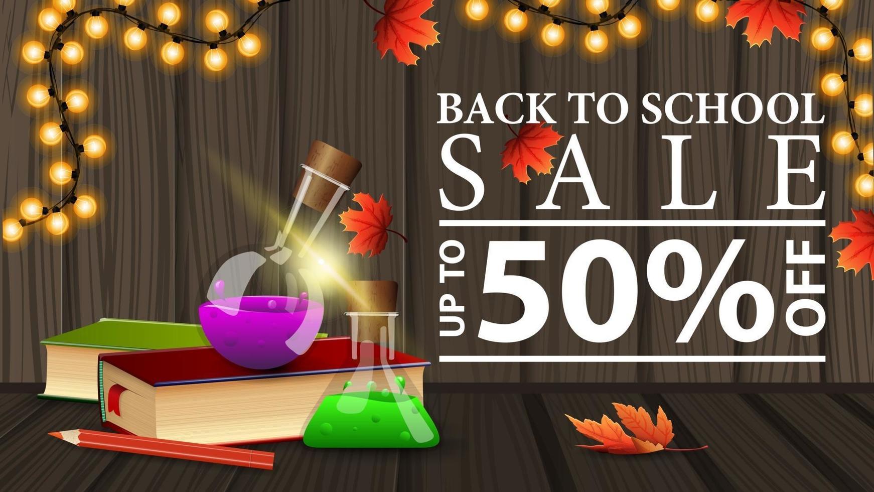 Back to school sale, discount web banner with wooden texture vector