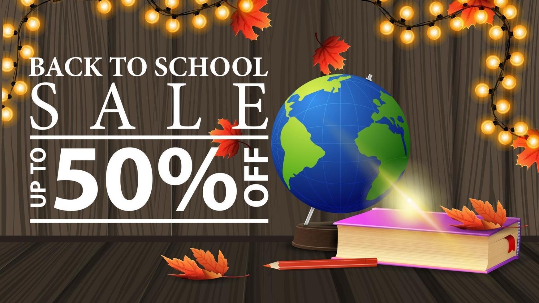 Back to school sale, discount web banner with wooden texture vector