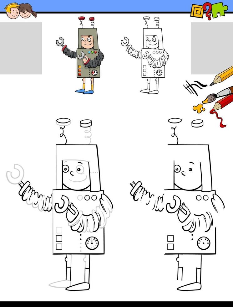 Tarea de dibujo y coloración con niño disfrazado de robot vector