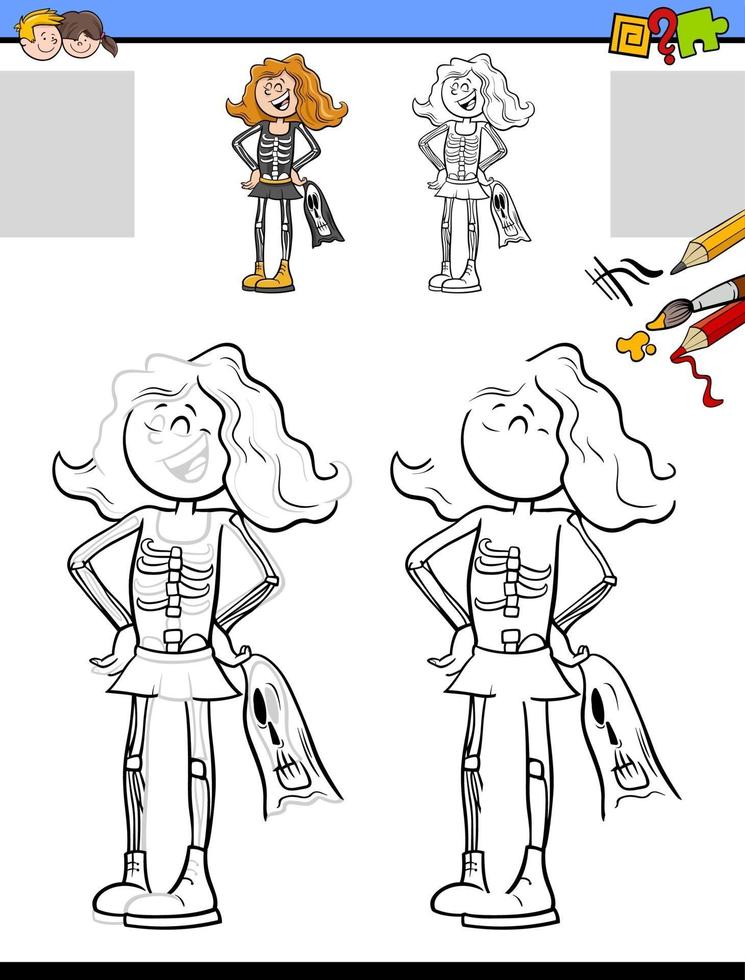 drawing and coloring task with girl in skeleton costume vector