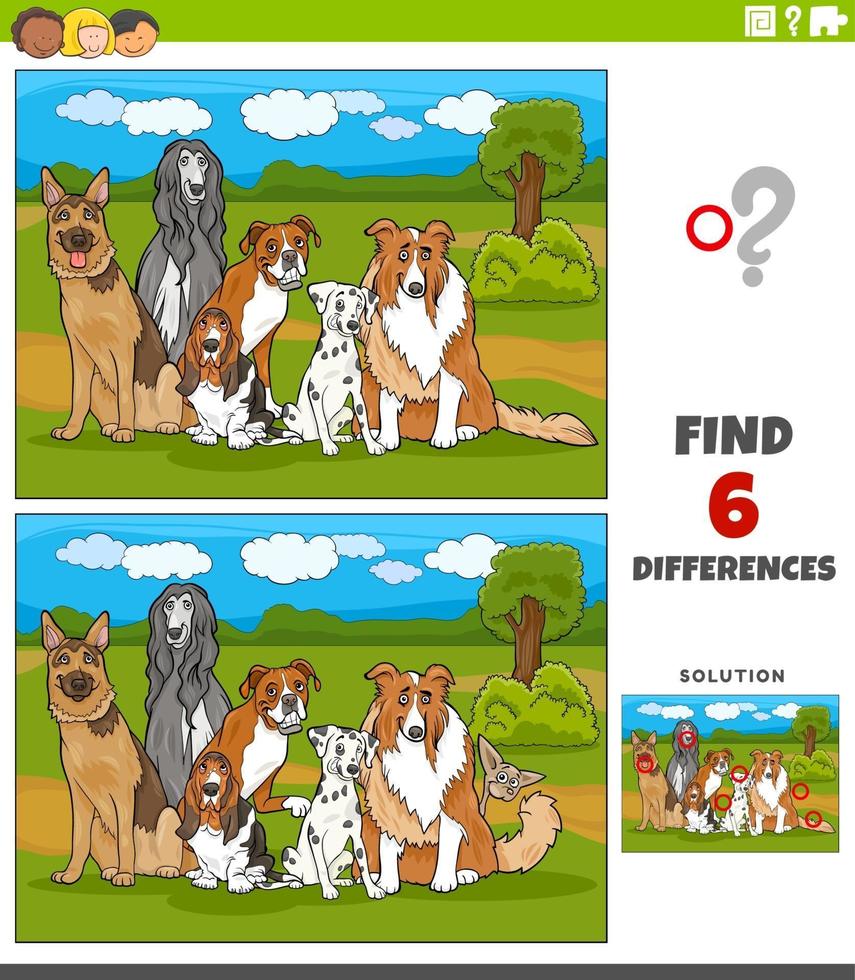 diferencias juego educativo con perros de raza pura cómics vector