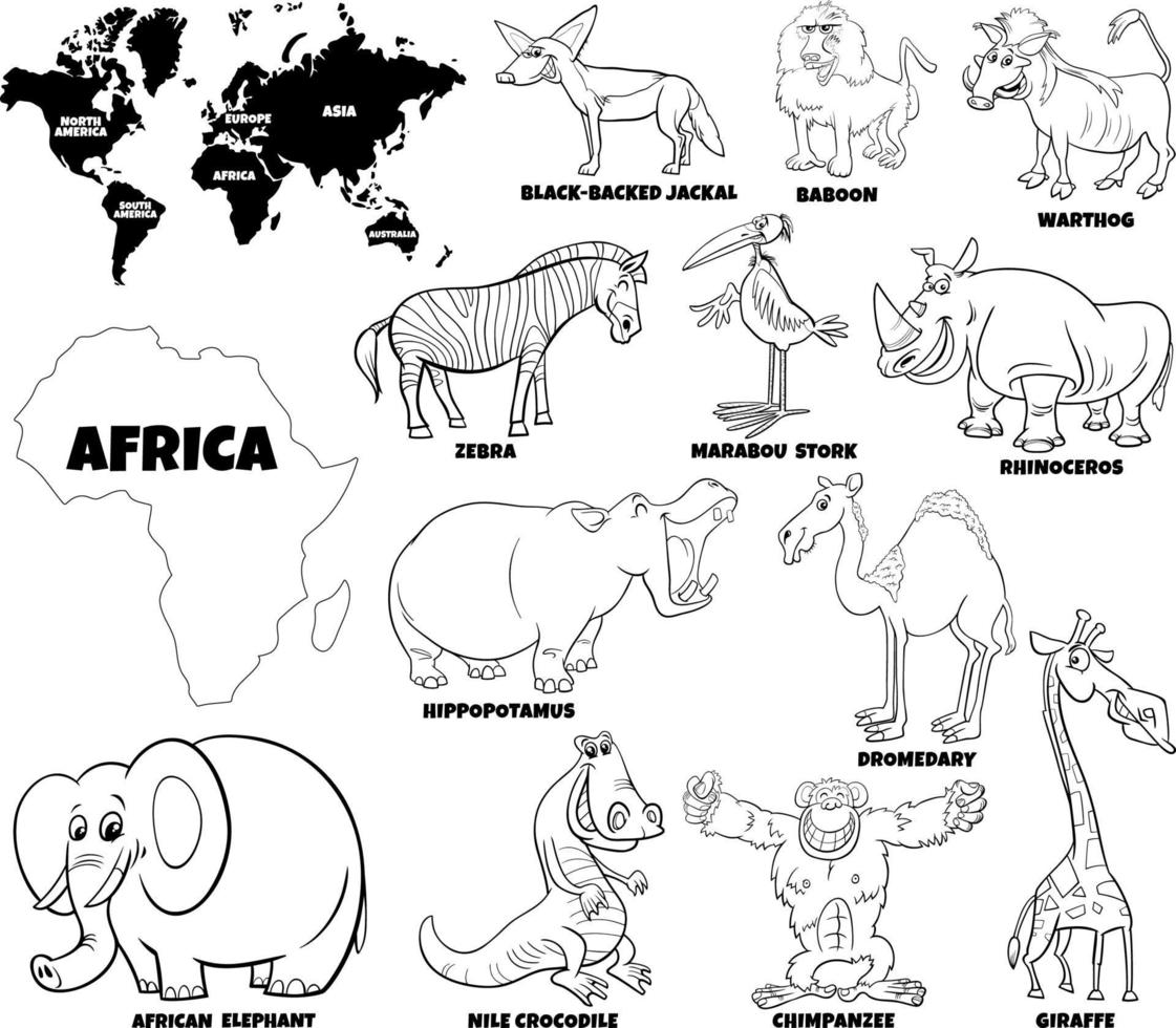 cartoon African animals set coloring book page vector
