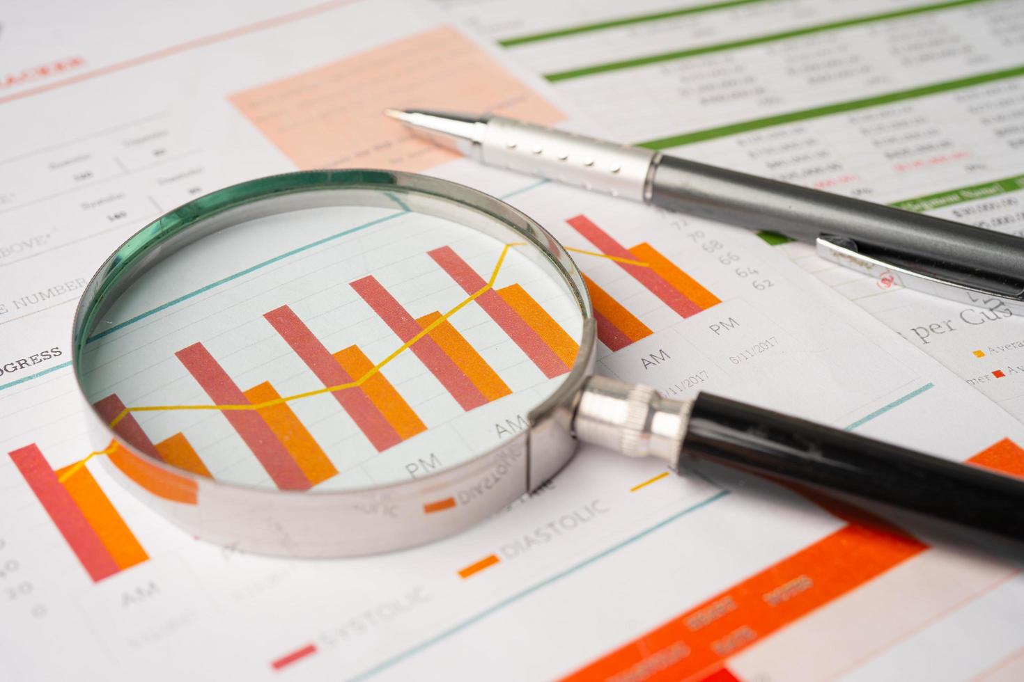 Magnifying glass on charts graphs paper. photo