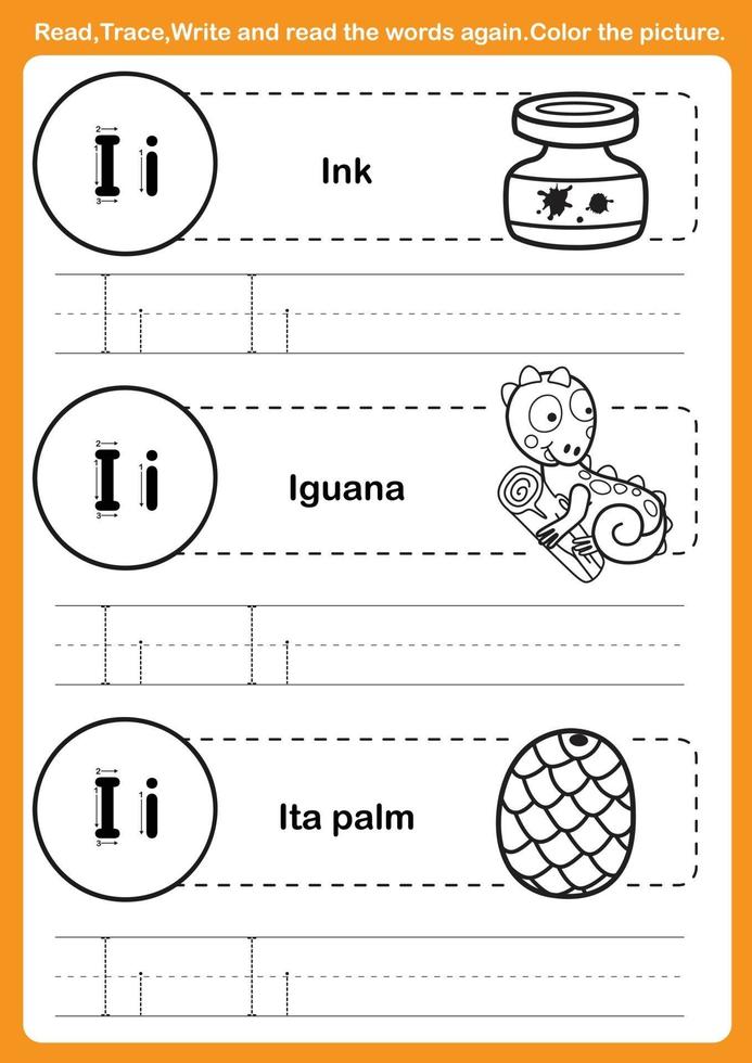 Ejercicio del alfabeto con vocabulario de dibujos animados para colorear libro vector