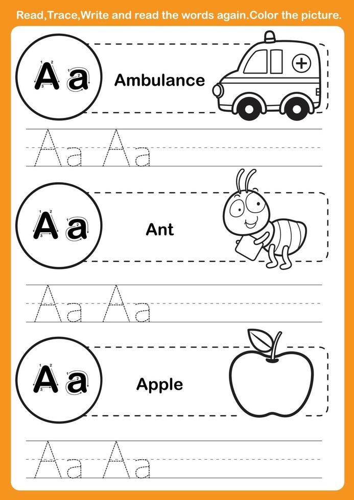 Alphabet exercise with cartoon vocabulary for coloring book vector