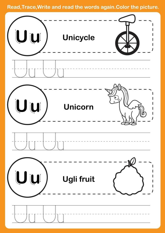 Alphabet exercise with cartoon vocabulary for coloring book vector