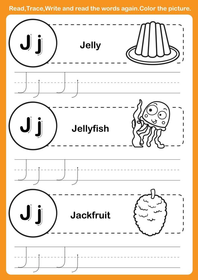 Ejercicio del alfabeto con vocabulario de dibujos animados para colorear libro vector