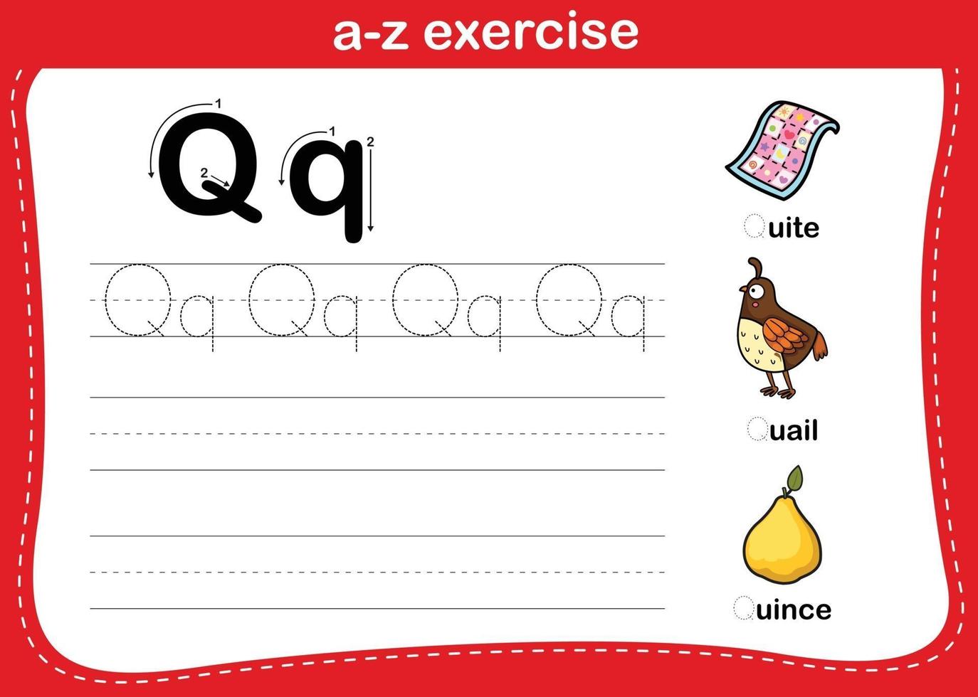 Alphabet a-z exercise with cartoon vocabulary illustration, vector