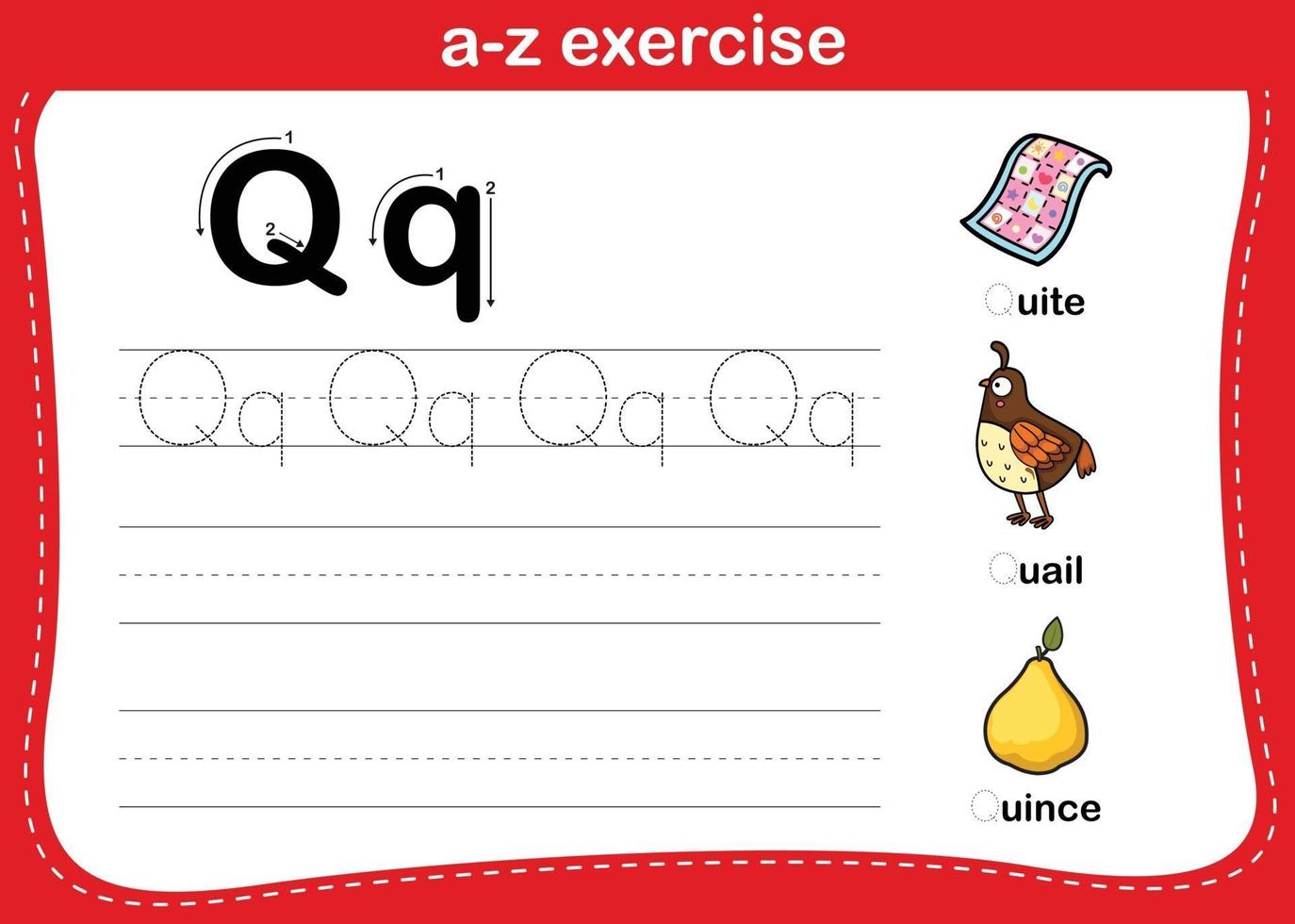 Alphabet a-z exercise with cartoon vocabulary illustration, vector