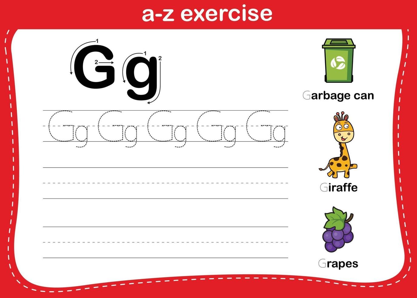 Alphabet a-z exercise with cartoon vocabulary illustration, vector