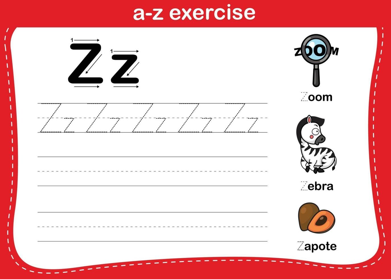 Ejercicio de alfabeto az con ilustración de vocabulario de dibujos animados, vector